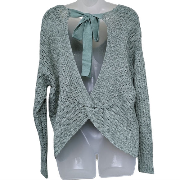 Elan Bow Back Sweater NWOT Open Back Light Green Crochet Knit V Neck Large - Picture 5 of 7